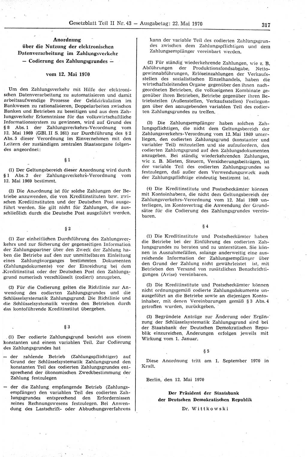 Gesetzblatt (GBl.) der Deutschen Demokratischen Republik (DDR) Teil ⅠⅠ 1970, Seite 317 (GBl. DDR ⅠⅠ 1970, S. 317)