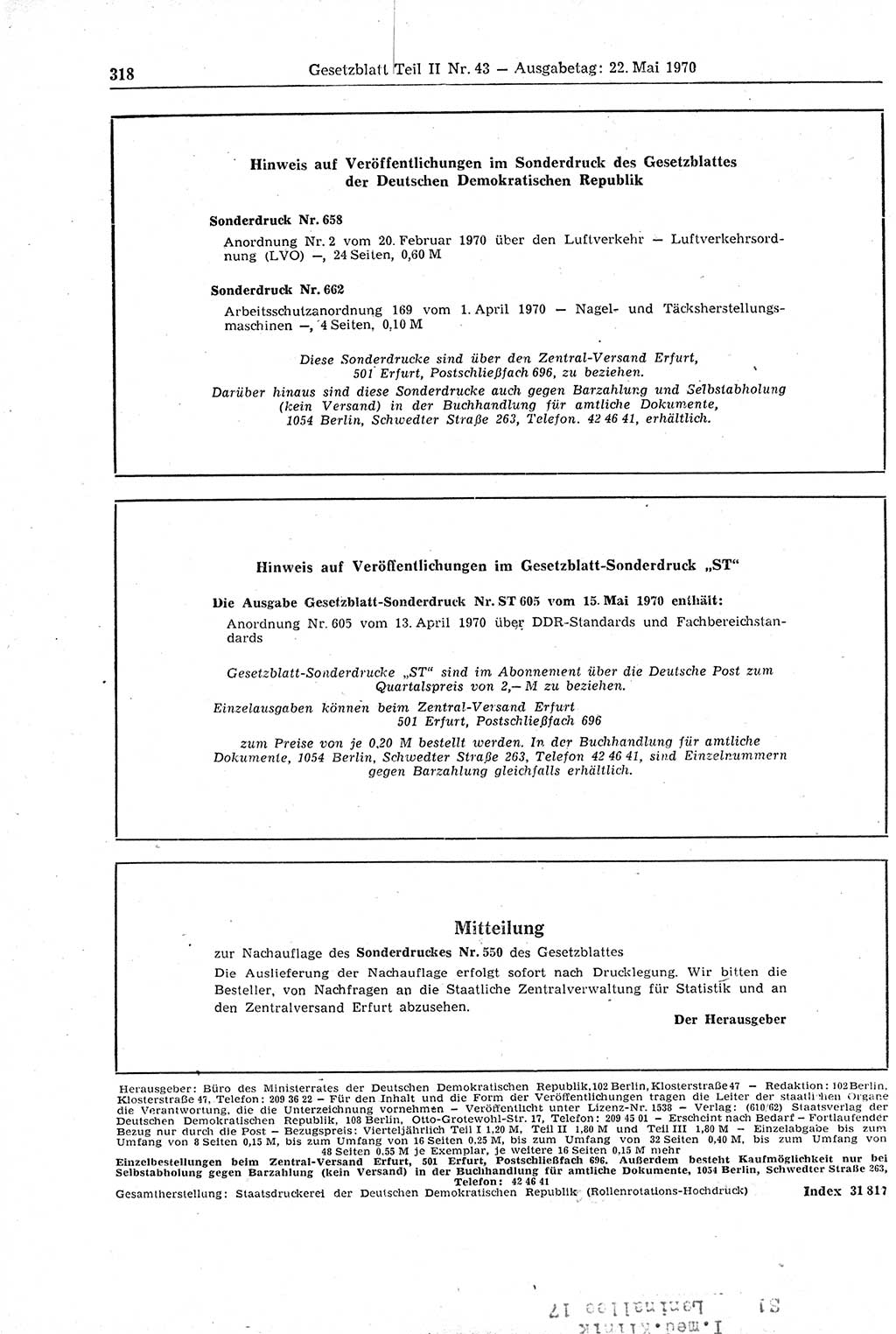 Gesetzblatt (GBl.) der Deutschen Demokratischen Republik (DDR) Teil ⅠⅠ 1970, Seite 318 (GBl. DDR ⅠⅠ 1970, S. 318)