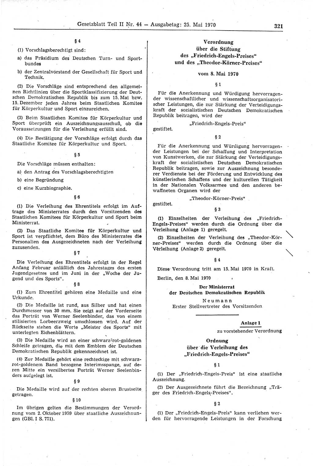 Gesetzblatt (GBl.) der Deutschen Demokratischen Republik (DDR) Teil ⅠⅠ 1970, Seite 321 (GBl. DDR ⅠⅠ 1970, S. 321)