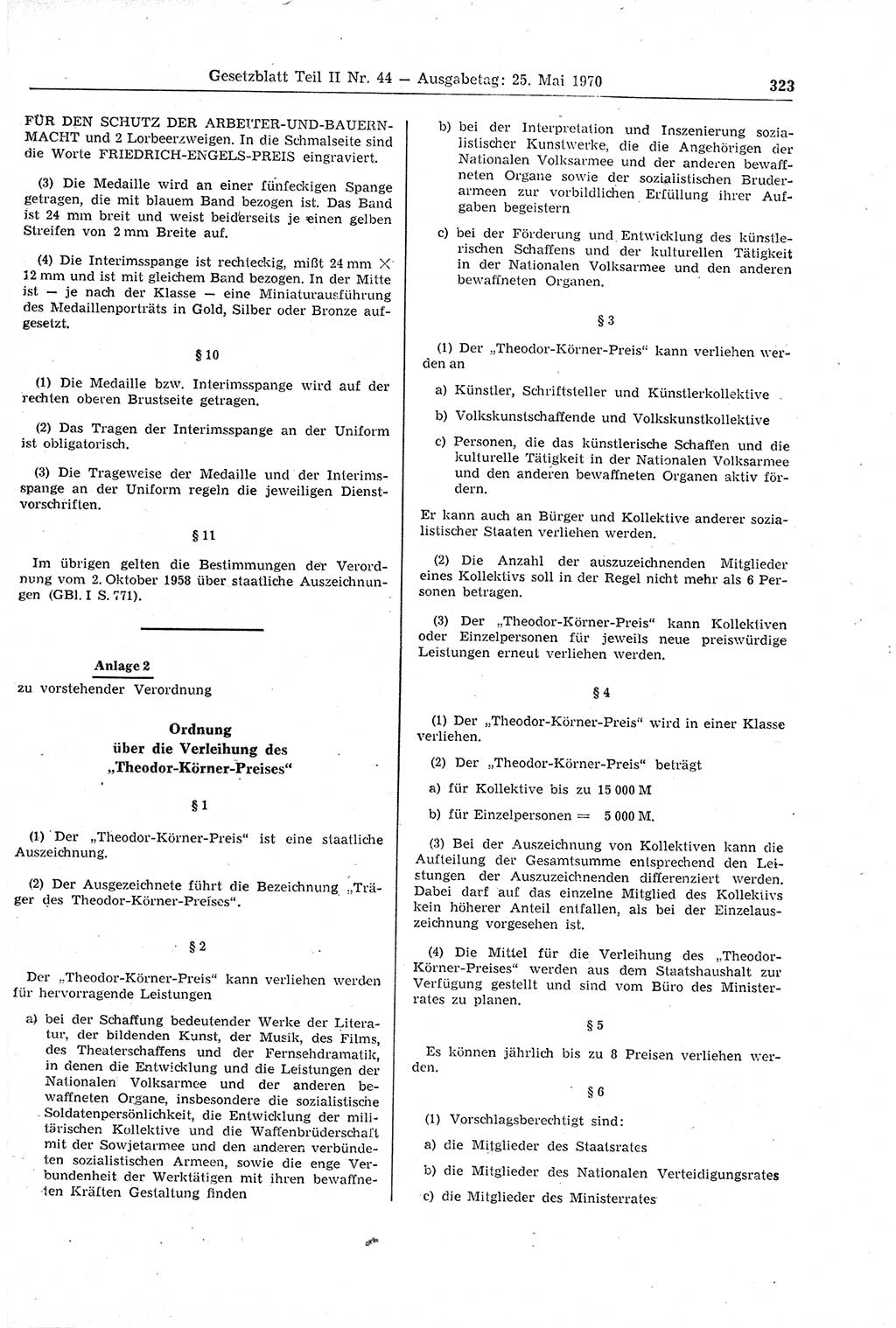 Gesetzblatt (GBl.) der Deutschen Demokratischen Republik (DDR) Teil ⅠⅠ 1970, Seite 323 (GBl. DDR ⅠⅠ 1970, S. 323)