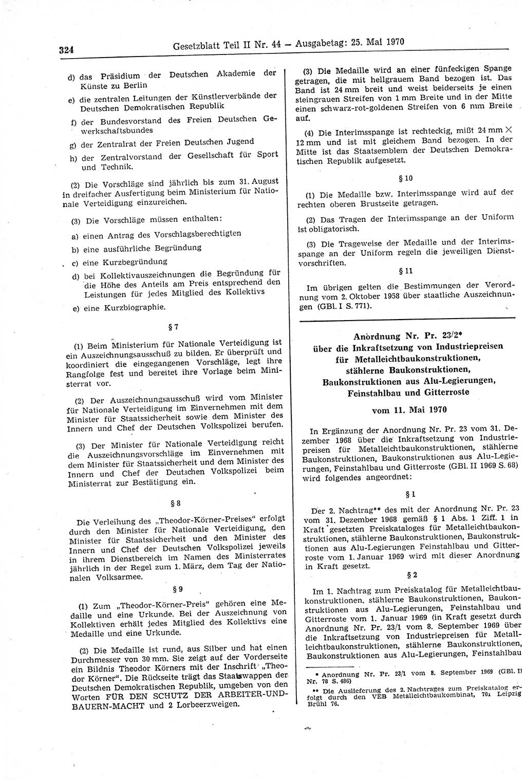 Gesetzblatt (GBl.) der Deutschen Demokratischen Republik (DDR) Teil ⅠⅠ 1970, Seite 324 (GBl. DDR ⅠⅠ 1970, S. 324)