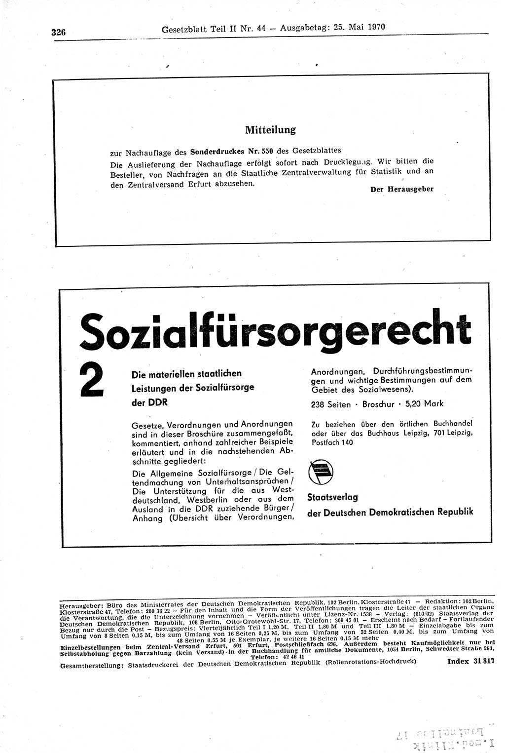 Gesetzblatt (GBl.) der Deutschen Demokratischen Republik (DDR) Teil ⅠⅠ 1970, Seite 326 (GBl. DDR ⅠⅠ 1970, S. 326)