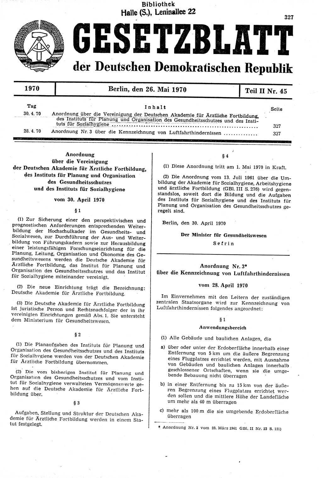 Gesetzblatt (GBl.) der Deutschen Demokratischen Republik (DDR) Teil ⅠⅠ 1970, Seite 327 (GBl. DDR ⅠⅠ 1970, S. 327)