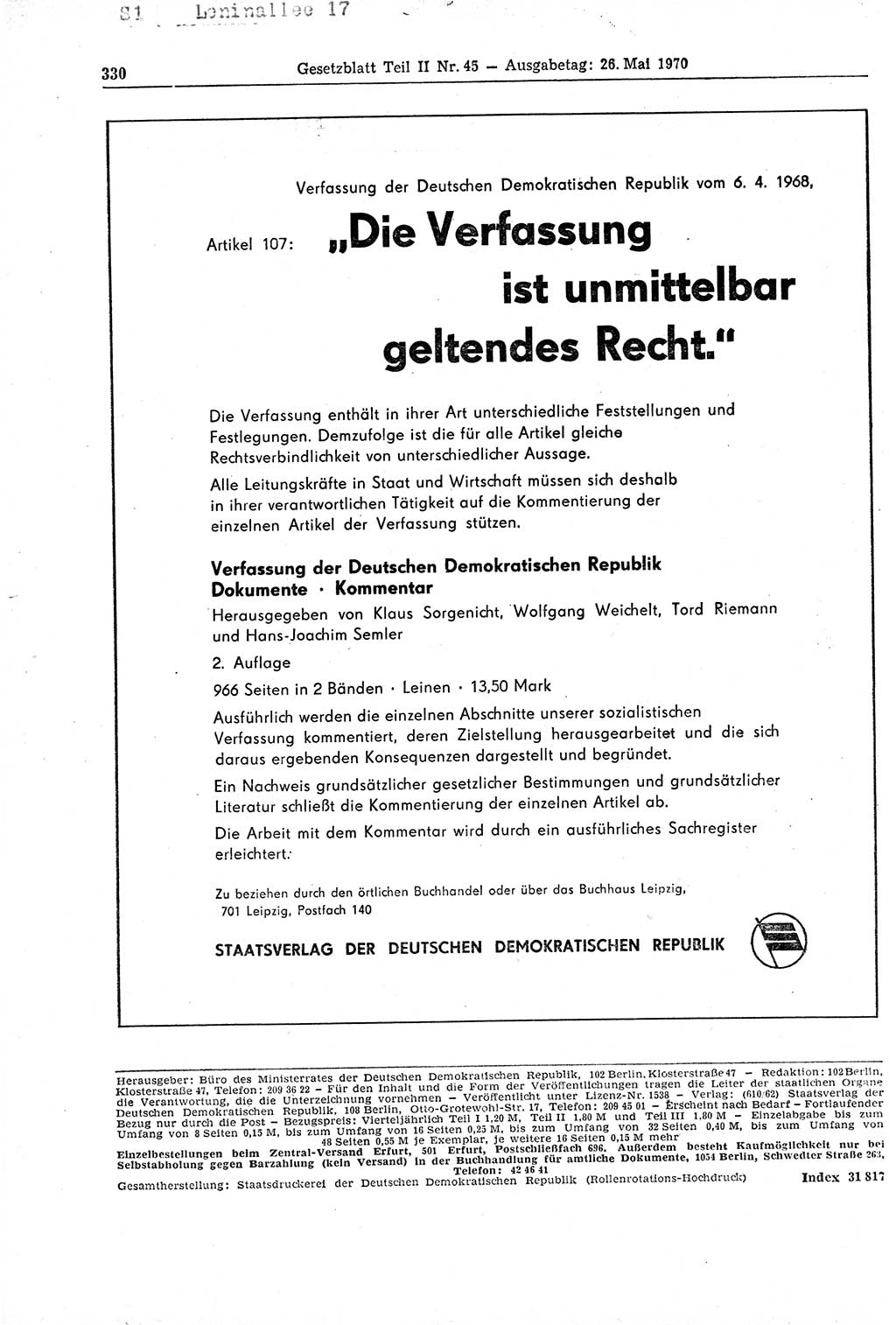 Gesetzblatt (GBl.) der Deutschen Demokratischen Republik (DDR) Teil ⅠⅠ 1970, Seite 330 (GBl. DDR ⅠⅠ 1970, S. 330)