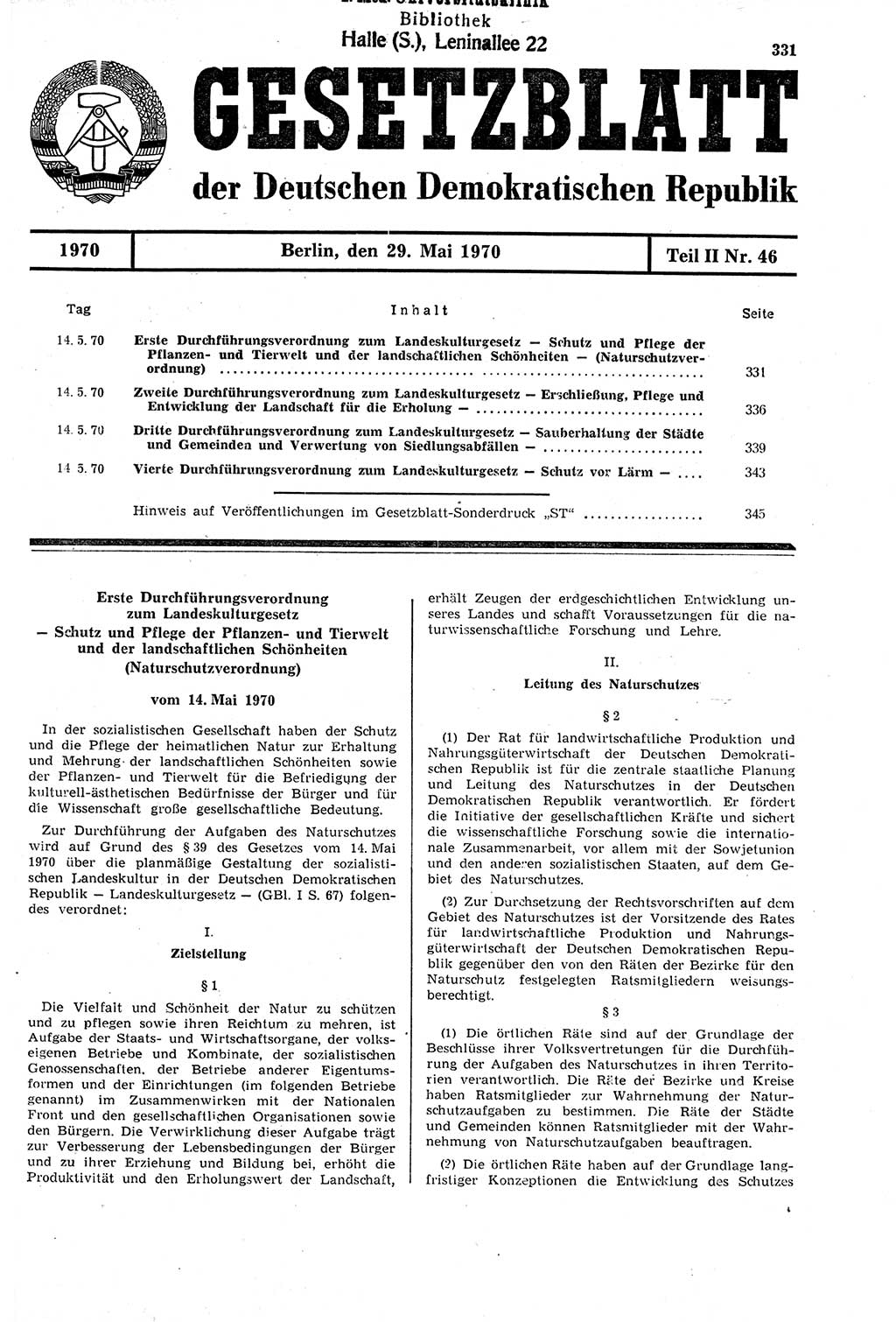 Gesetzblatt (GBl.) der Deutschen Demokratischen Republik (DDR) Teil ⅠⅠ 1970, Seite 331 (GBl. DDR ⅠⅠ 1970, S. 331)