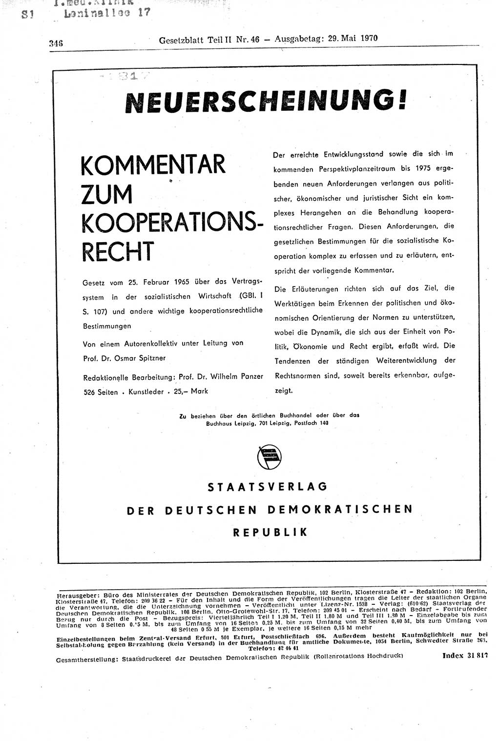 Gesetzblatt (GBl.) der Deutschen Demokratischen Republik (DDR) Teil ⅠⅠ 1970, Seite 346 (GBl. DDR ⅠⅠ 1970, S. 346)