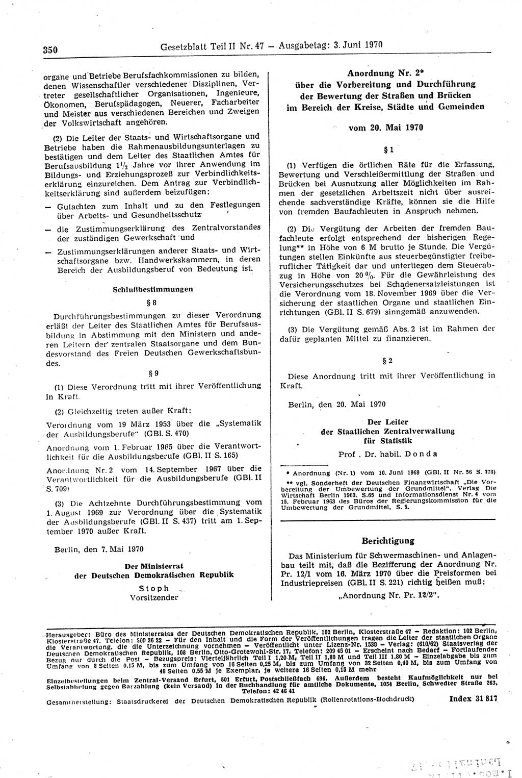 Gesetzblatt (GBl.) der Deutschen Demokratischen Republik (DDR) Teil ⅠⅠ 1970, Seite 350 (GBl. DDR ⅠⅠ 1970, S. 350)