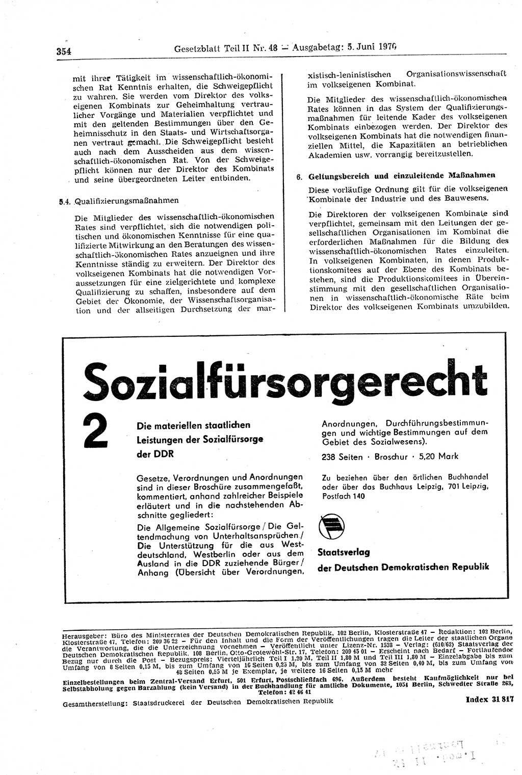 Gesetzblatt (GBl.) der Deutschen Demokratischen Republik (DDR) Teil ⅠⅠ 1970, Seite 354 (GBl. DDR ⅠⅠ 1970, S. 354)