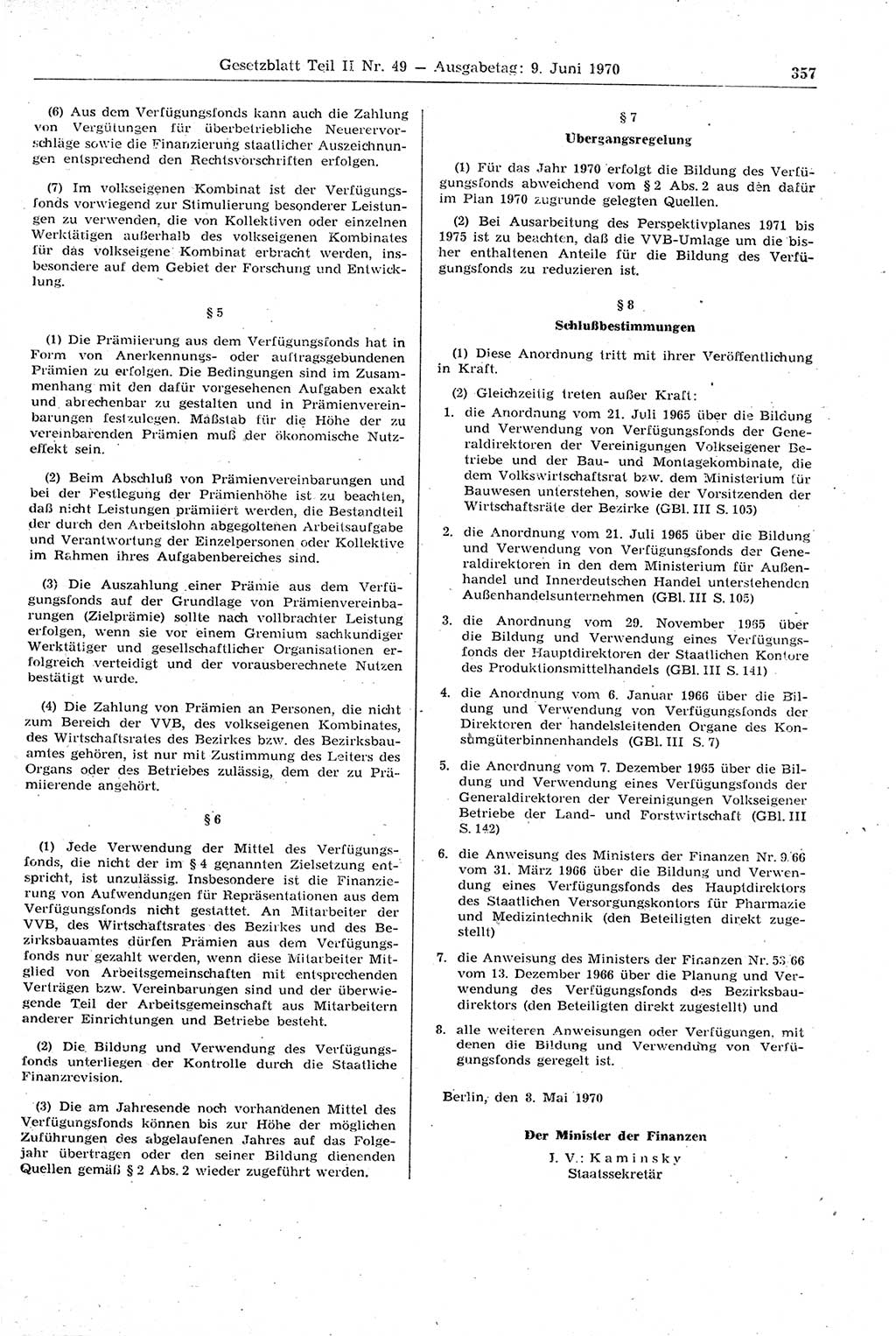 Gesetzblatt (GBl.) der Deutschen Demokratischen Republik (DDR) Teil ⅠⅠ 1970, Seite 357 (GBl. DDR ⅠⅠ 1970, S. 357)