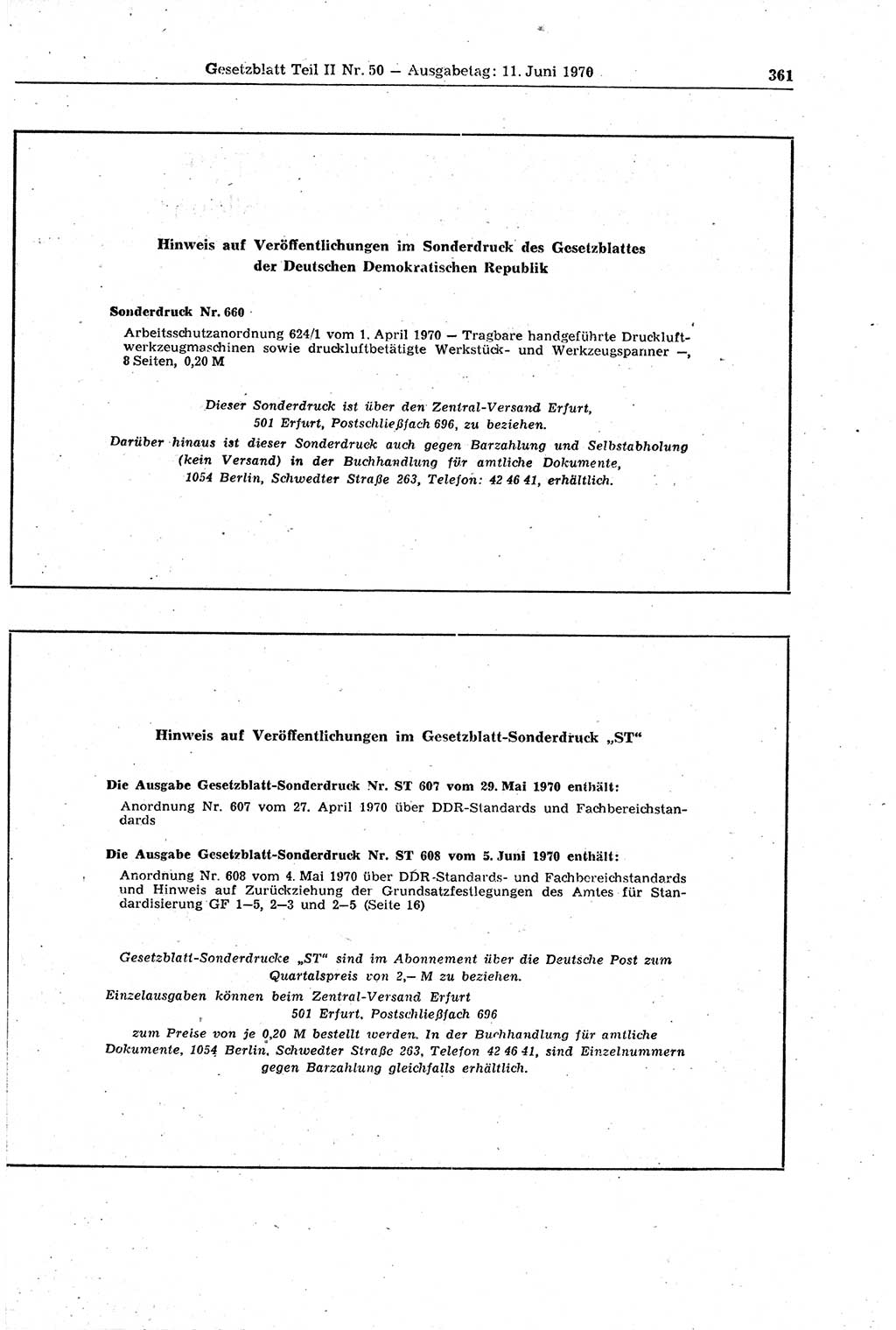 Gesetzblatt (GBl.) der Deutschen Demokratischen Republik (DDR) Teil ⅠⅠ 1970, Seite 361 (GBl. DDR ⅠⅠ 1970, S. 361)