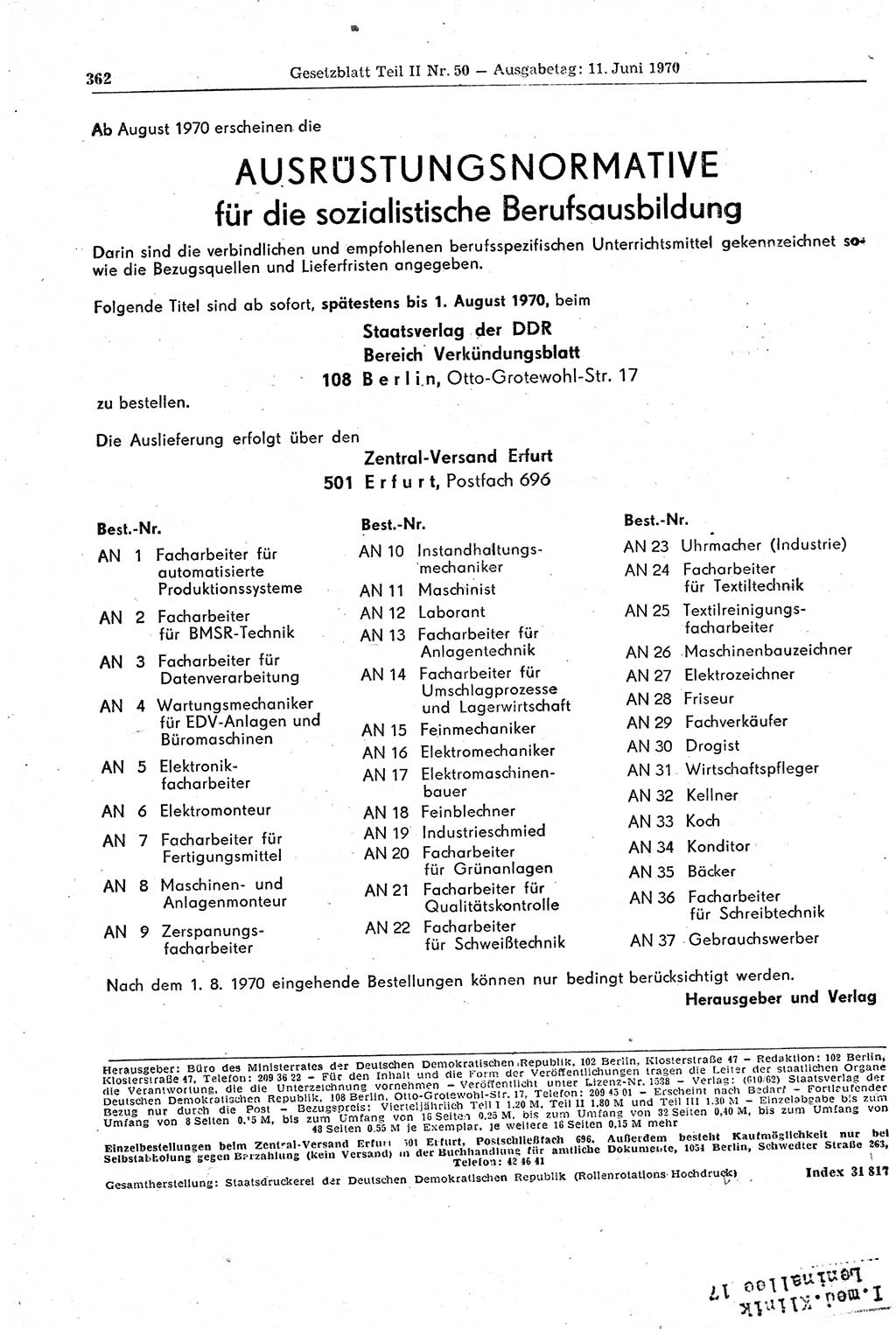 Gesetzblatt (GBl.) der Deutschen Demokratischen Republik (DDR) Teil ⅠⅠ 1970, Seite 362 (GBl. DDR ⅠⅠ 1970, S. 362)