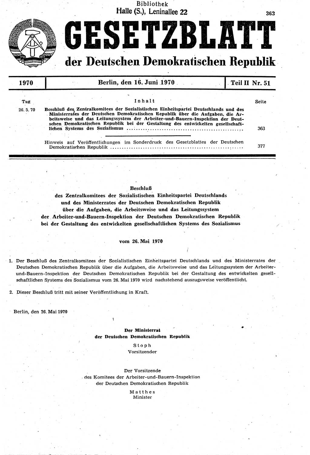 Gesetzblatt (GBl.) der Deutschen Demokratischen Republik (DDR) Teil ⅠⅠ 1970, Seite 363 (GBl. DDR ⅠⅠ 1970, S. 363)