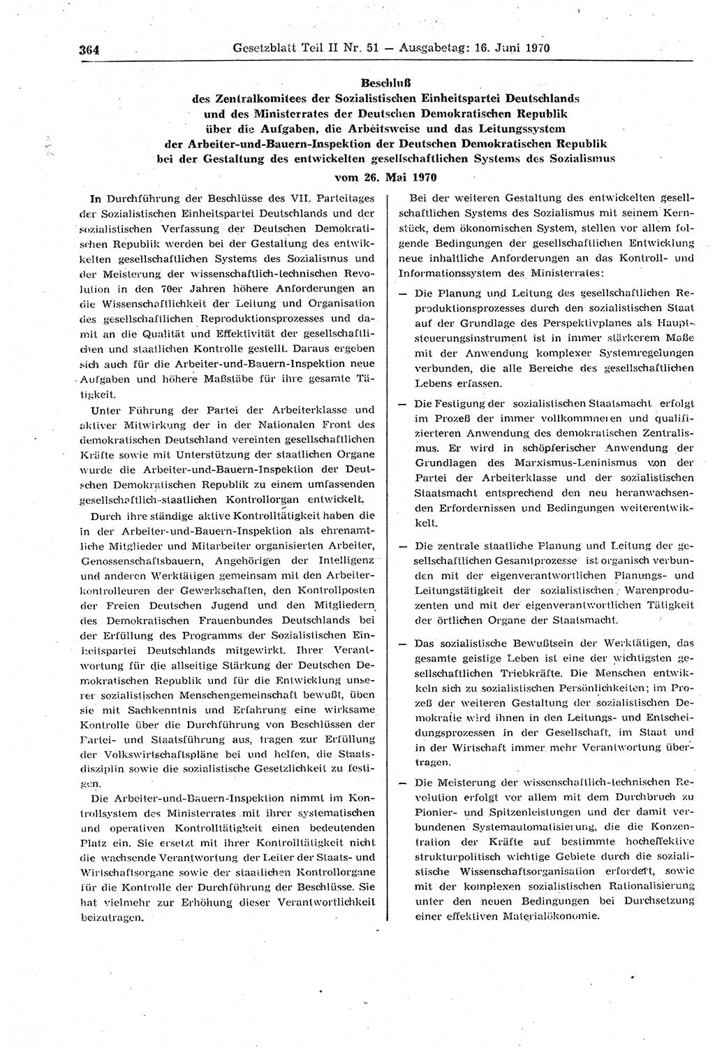 Gesetzblatt (GBl.) der Deutschen Demokratischen Republik (DDR) Teil ⅠⅠ 1970, Seite 364 (GBl. DDR ⅠⅠ 1970, S. 364)