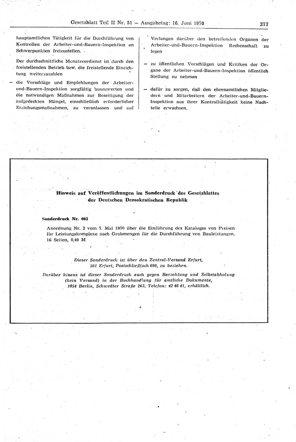 Gesetzblatt (GBl.) der Deutschen Demokratischen Republik (DDR) Teil ⅠⅠ 1970, Seite 377 (GBl. DDR ⅠⅠ 1970, S. 377)