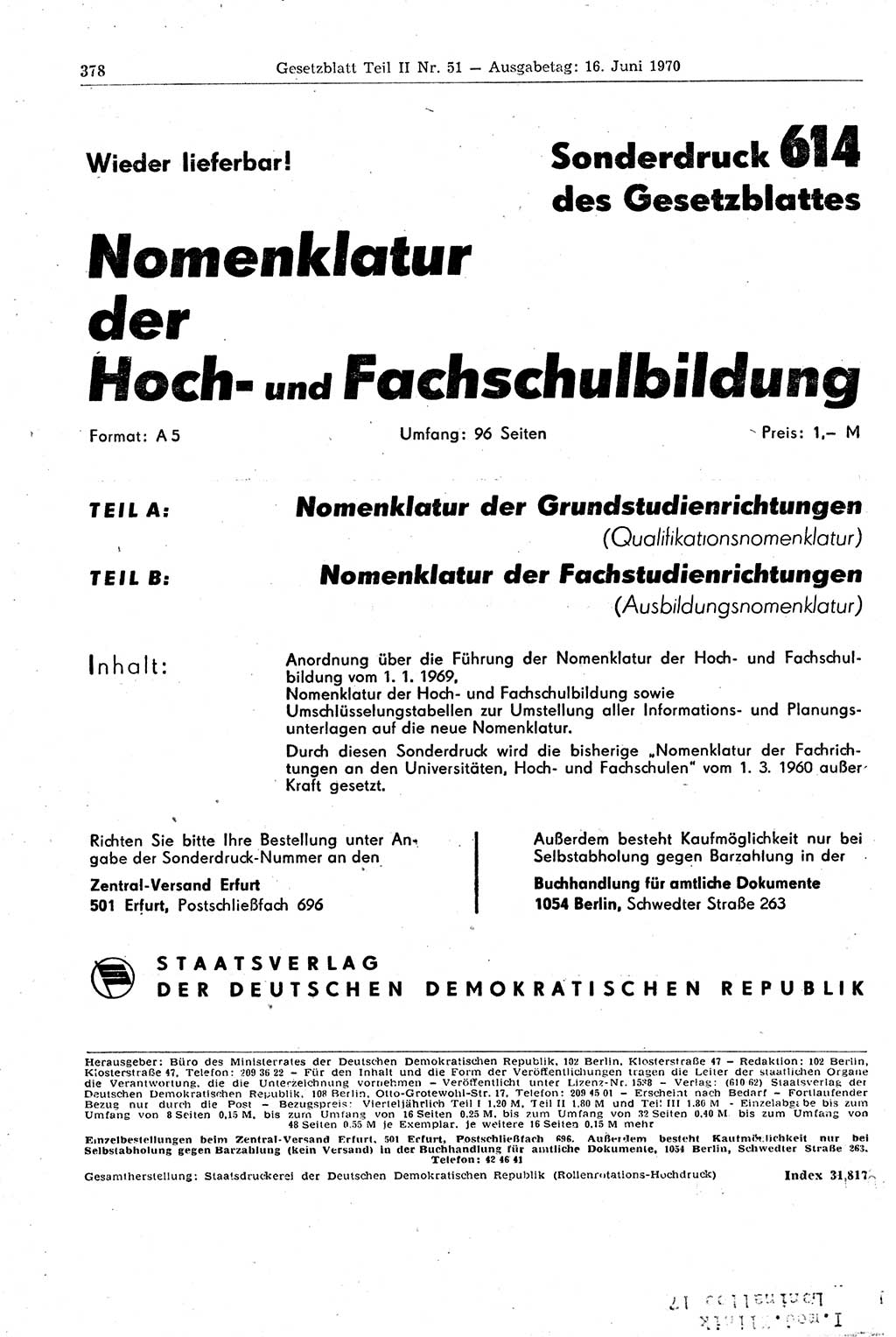 Gesetzblatt (GBl.) der Deutschen Demokratischen Republik (DDR) Teil ⅠⅠ 1970, Seite 378 (GBl. DDR ⅠⅠ 1970, S. 378)