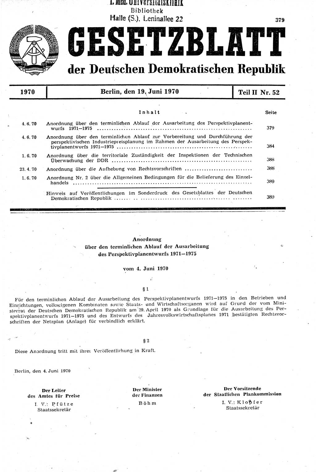 Gesetzblatt (GBl.) der Deutschen Demokratischen Republik (DDR) Teil ⅠⅠ 1970, Seite 379 (GBl. DDR ⅠⅠ 1970, S. 379)
