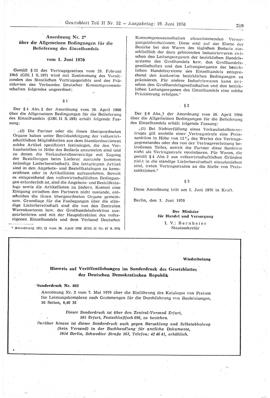 Gesetzblatt (GBl.) der Deutschen Demokratischen Republik (DDR) Teil ⅠⅠ 1970, Seite 389 (GBl. DDR ⅠⅠ 1970, S. 389)