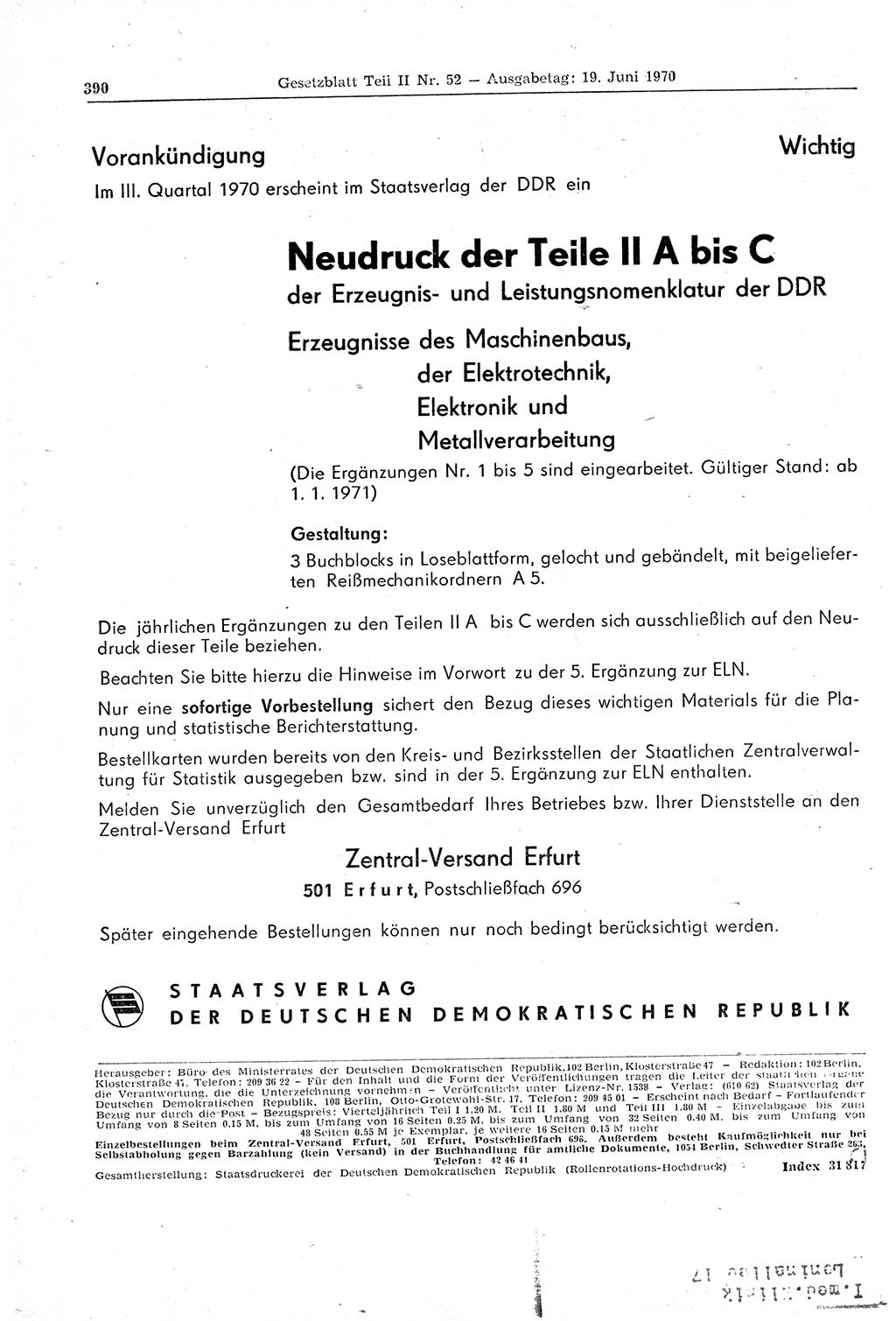 Gesetzblatt (GBl.) der Deutschen Demokratischen Republik (DDR) Teil ⅠⅠ 1970, Seite 390 (GBl. DDR ⅠⅠ 1970, S. 390)