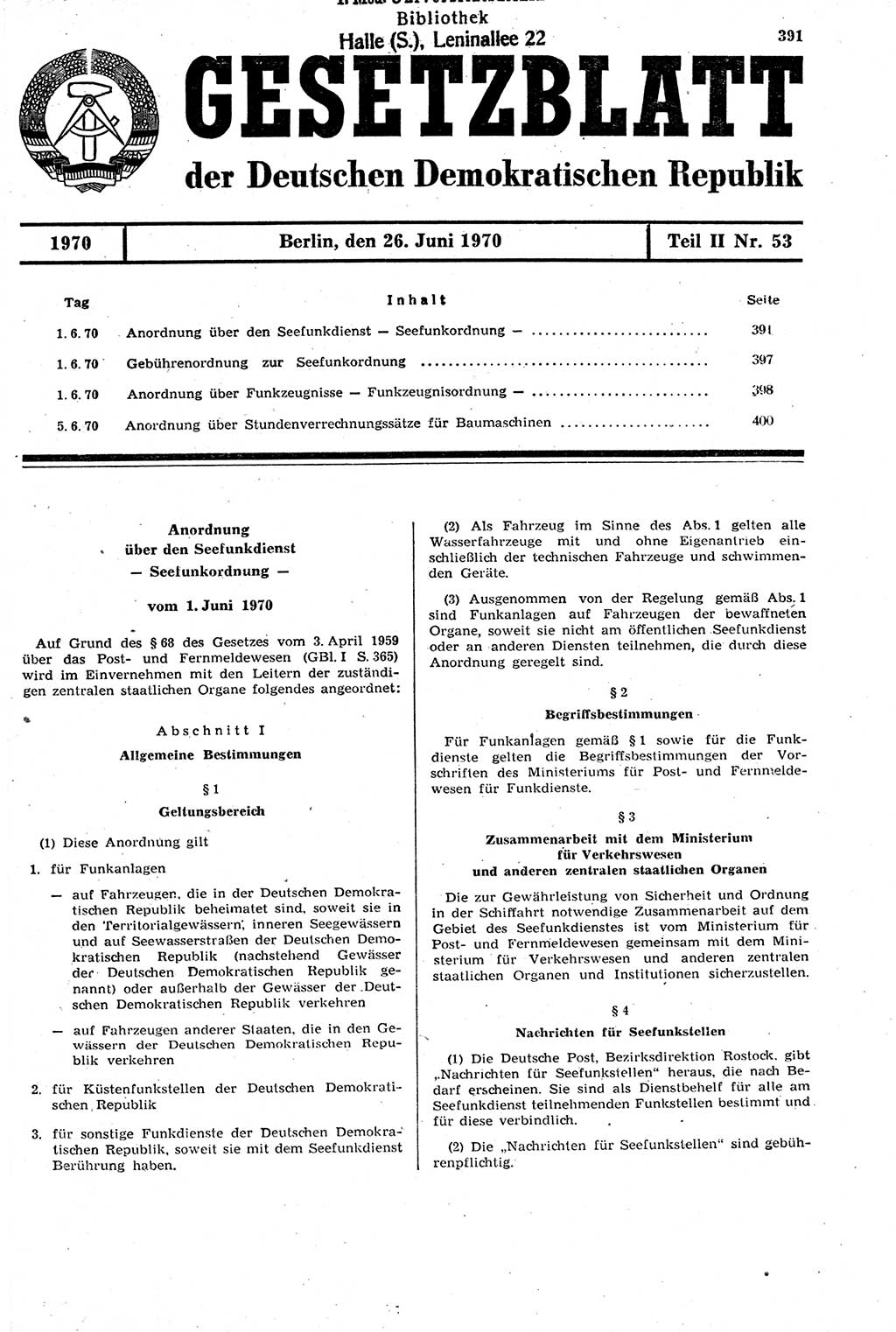Gesetzblatt (GBl.) der Deutschen Demokratischen Republik (DDR) Teil ⅠⅠ 1970, Seite 391 (GBl. DDR ⅠⅠ 1970, S. 391)