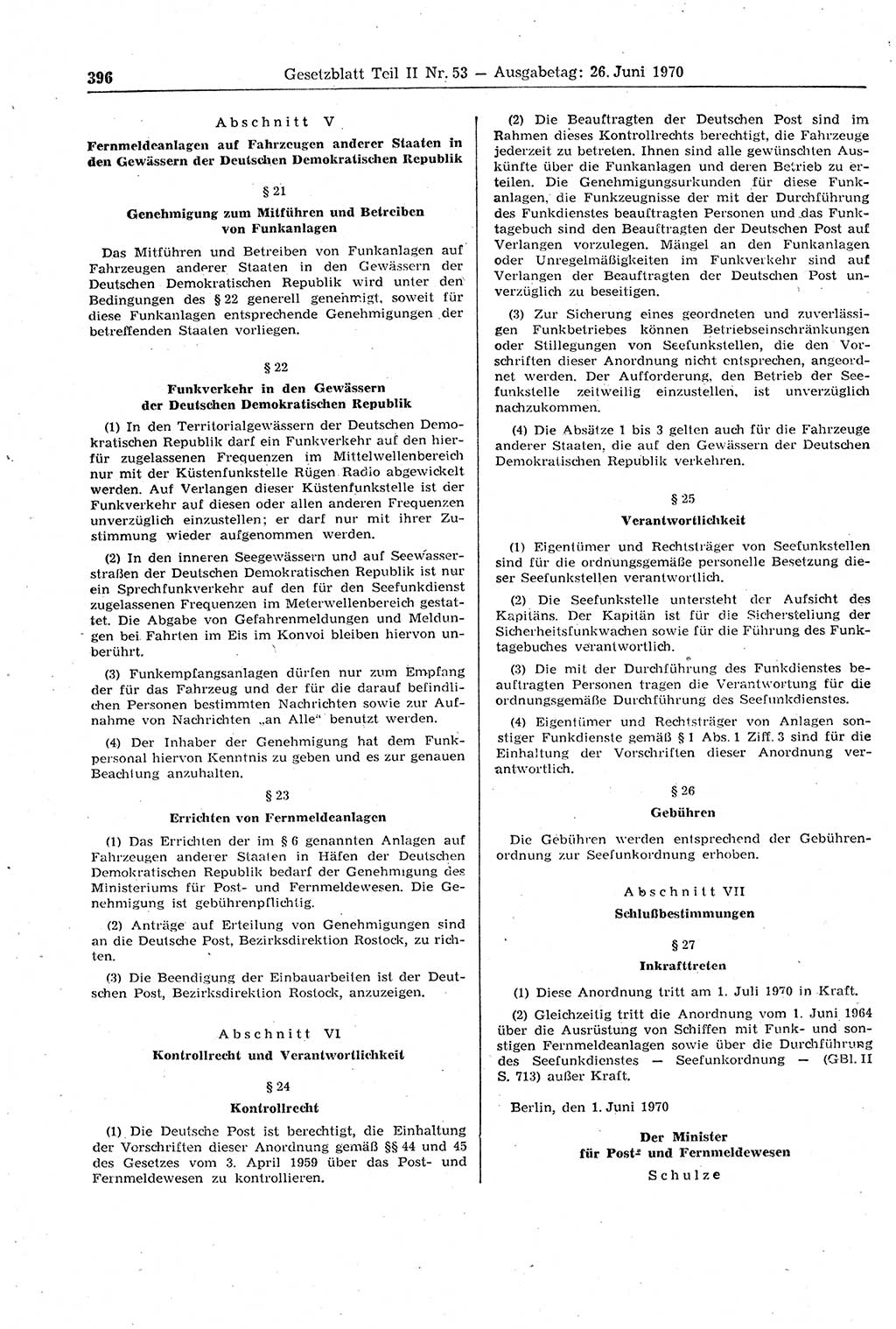 Gesetzblatt (GBl.) der Deutschen Demokratischen Republik (DDR) Teil ⅠⅠ 1970, Seite 396 (GBl. DDR ⅠⅠ 1970, S. 396)