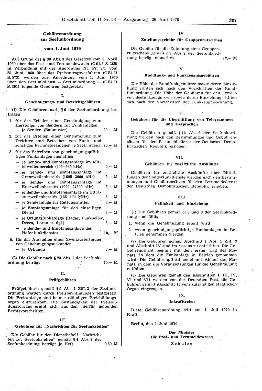 Gesetzblatt (GBl.) der Deutschen Demokratischen Republik (DDR) Teil ⅠⅠ 1970, Seite 397 (GBl. DDR ⅠⅠ 1970, S. 397)
