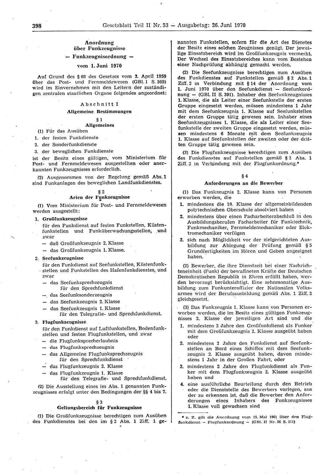 Gesetzblatt (GBl.) der Deutschen Demokratischen Republik (DDR) Teil ⅠⅠ 1970, Seite 398 (GBl. DDR ⅠⅠ 1970, S. 398)