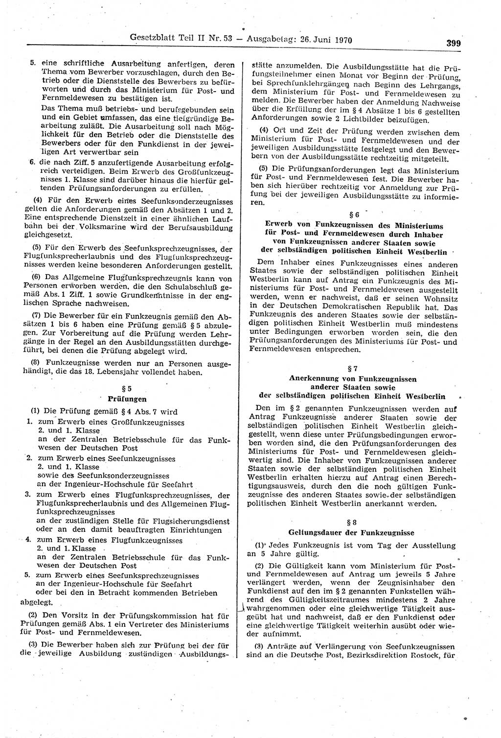 Gesetzblatt (GBl.) der Deutschen Demokratischen Republik (DDR) Teil ⅠⅠ 1970, Seite 399 (GBl. DDR ⅠⅠ 1970, S. 399)