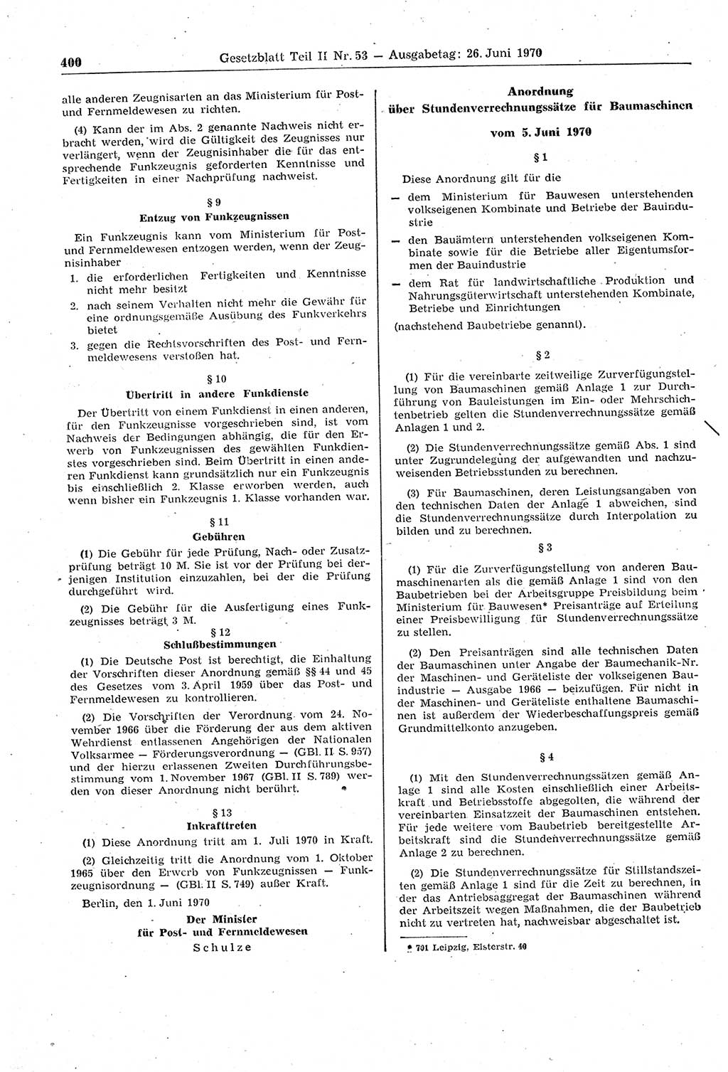 Gesetzblatt (GBl.) der Deutschen Demokratischen Republik (DDR) Teil ⅠⅠ 1970, Seite 400 (GBl. DDR ⅠⅠ 1970, S. 400)