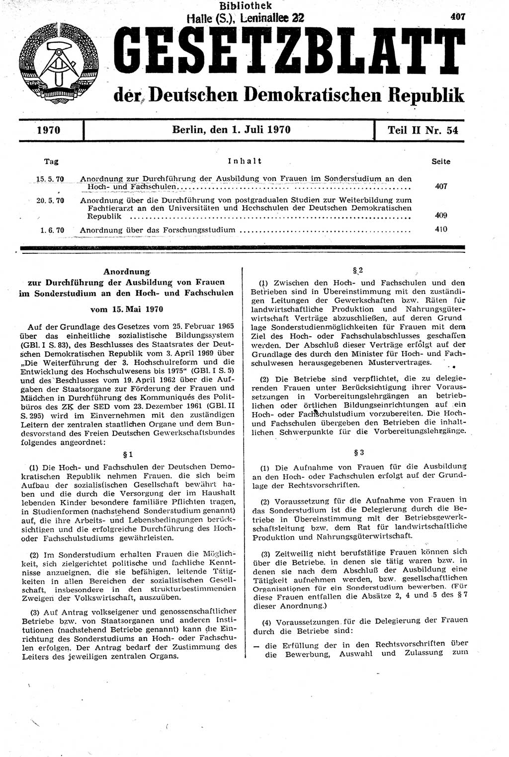 Gesetzblatt (GBl.) der Deutschen Demokratischen Republik (DDR) Teil ⅠⅠ 1970, Seite 407 (GBl. DDR ⅠⅠ 1970, S. 407)