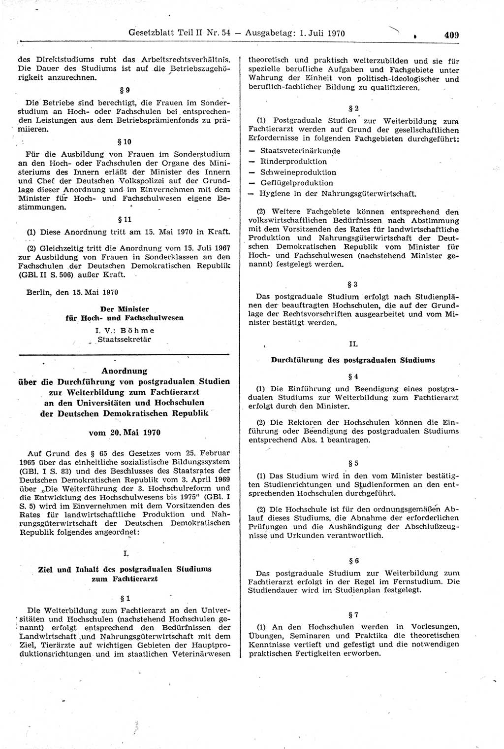 Gesetzblatt (GBl.) der Deutschen Demokratischen Republik (DDR) Teil ⅠⅠ 1970, Seite 409 (GBl. DDR ⅠⅠ 1970, S. 409)