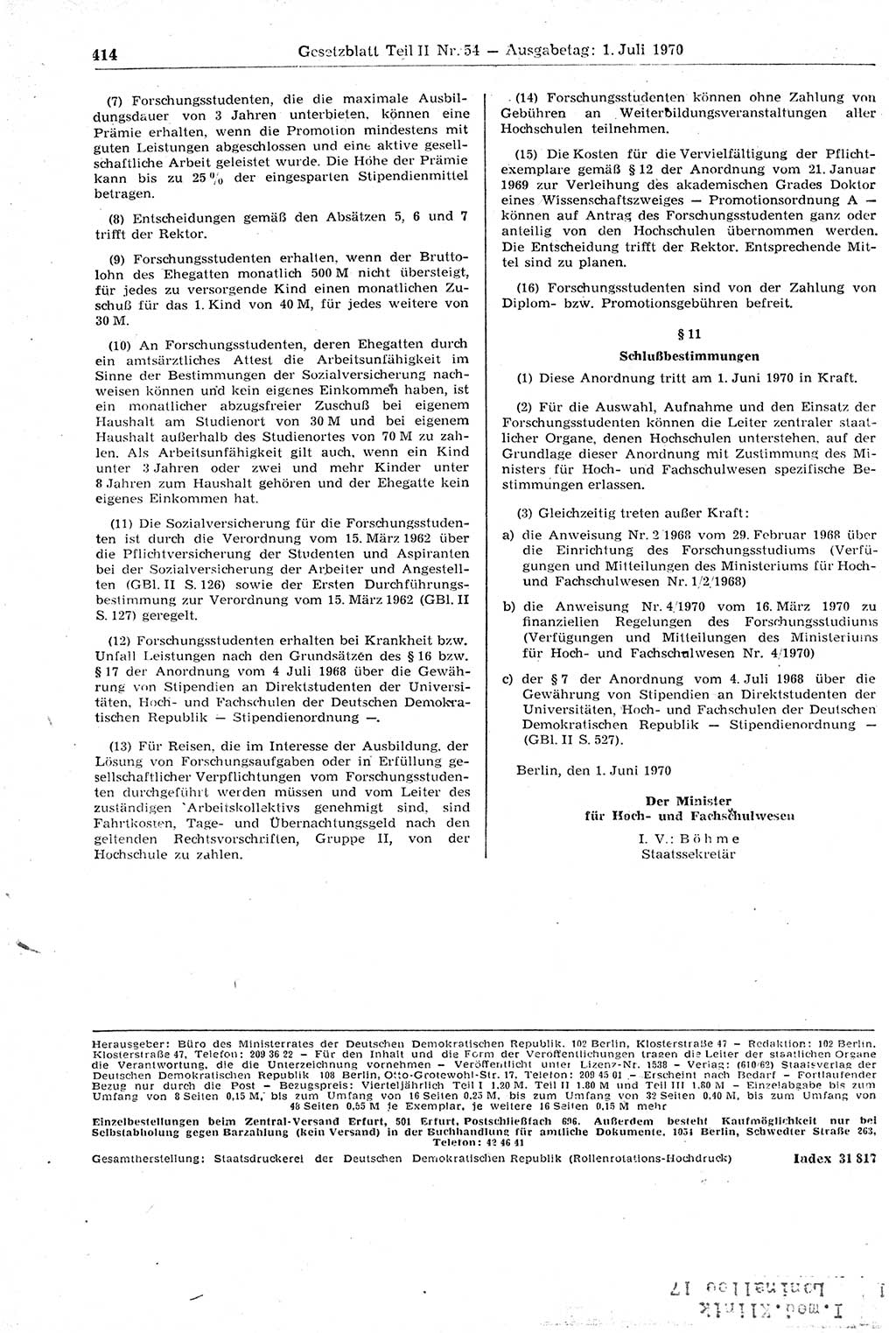 Gesetzblatt (GBl.) der Deutschen Demokratischen Republik (DDR) Teil ⅠⅠ 1970, Seite 414 (GBl. DDR ⅠⅠ 1970, S. 414)