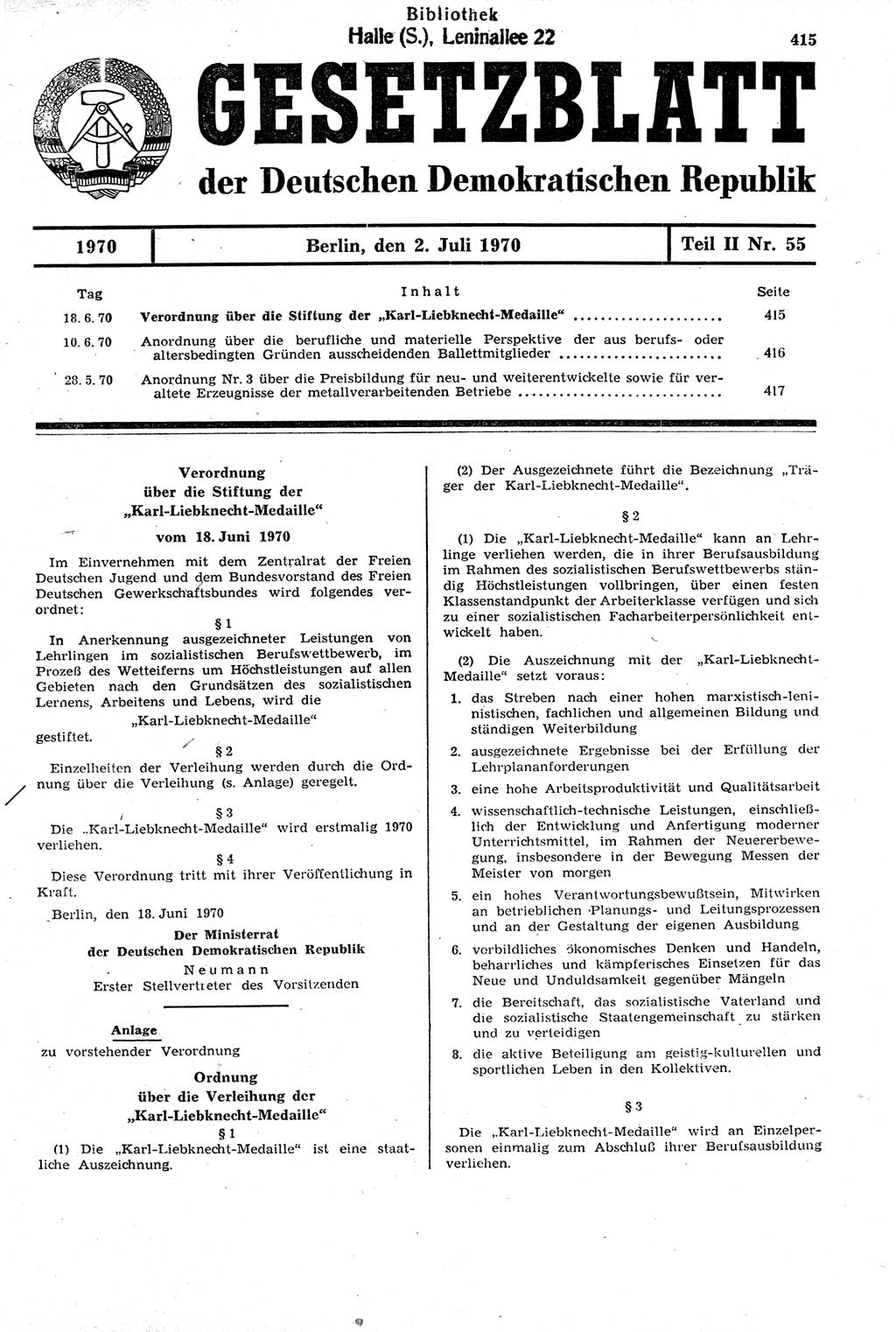 Gesetzblatt (GBl.) der Deutschen Demokratischen Republik (DDR) Teil ⅠⅠ 1970, Seite 415 (GBl. DDR ⅠⅠ 1970, S. 415)