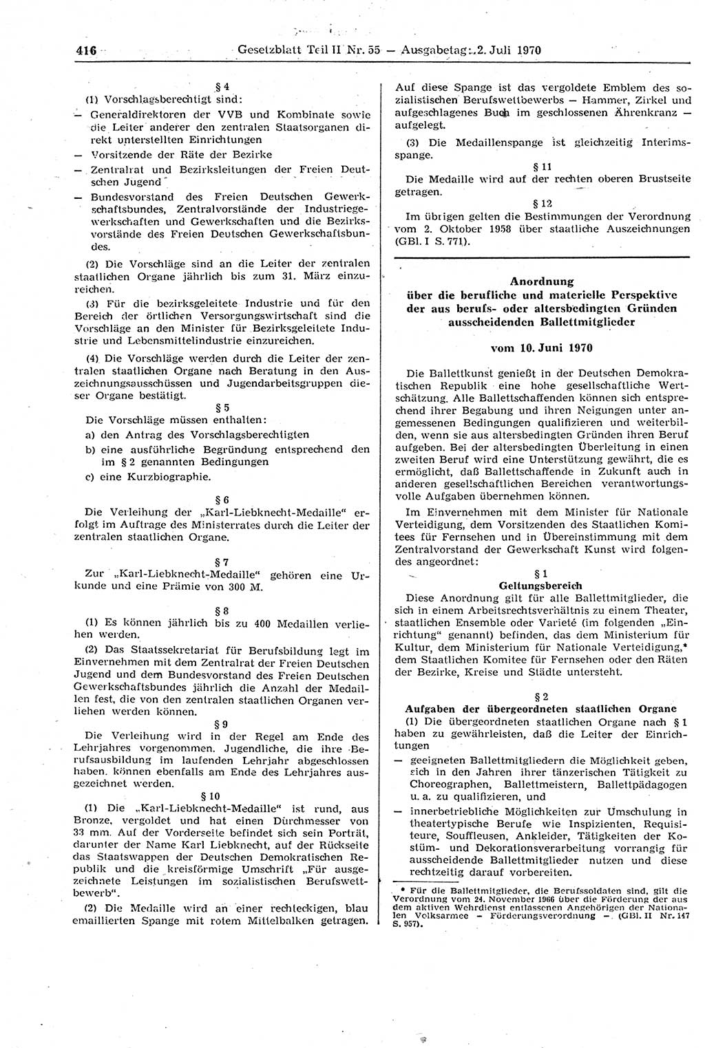 Gesetzblatt (GBl.) der Deutschen Demokratischen Republik (DDR) Teil ⅠⅠ 1970, Seite 416 (GBl. DDR ⅠⅠ 1970, S. 416)