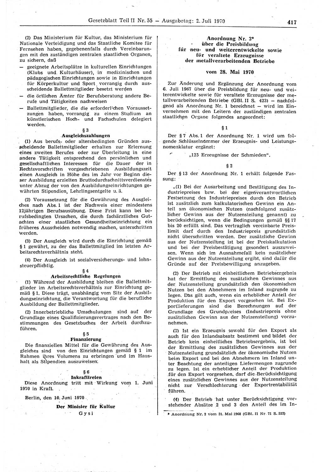 Gesetzblatt (GBl.) der Deutschen Demokratischen Republik (DDR) Teil ⅠⅠ 1970, Seite 417 (GBl. DDR ⅠⅠ 1970, S. 417)