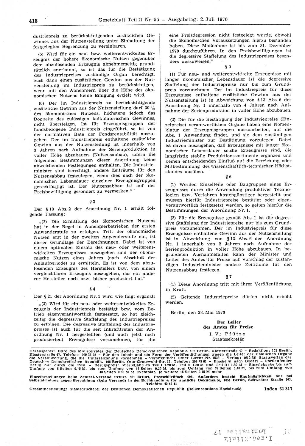Gesetzblatt (GBl.) der Deutschen Demokratischen Republik (DDR) Teil ⅠⅠ 1970, Seite 418 (GBl. DDR ⅠⅠ 1970, S. 418)