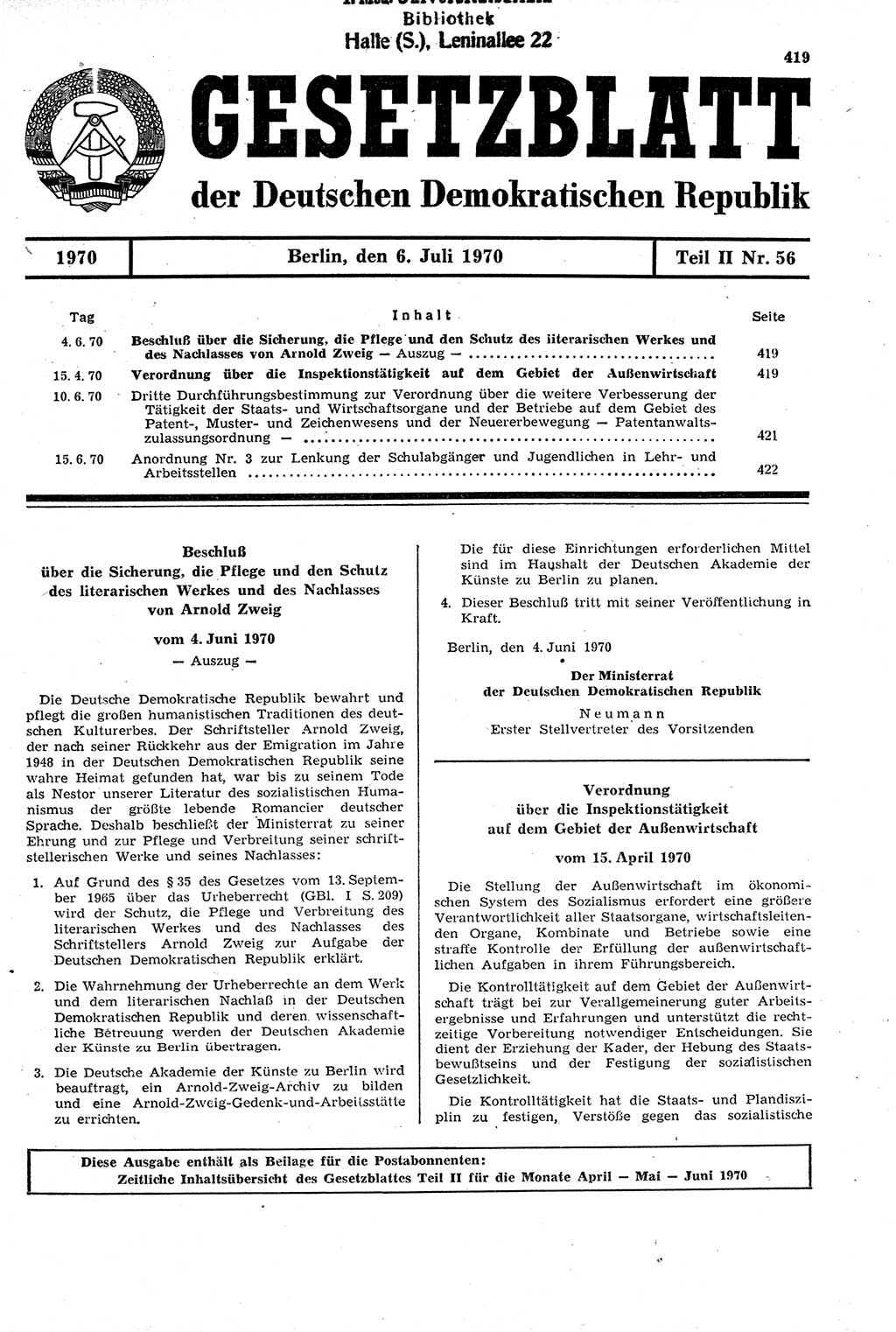 Gesetzblatt (GBl.) der Deutschen Demokratischen Republik (DDR) Teil ⅠⅠ 1970, Seite 419 (GBl. DDR ⅠⅠ 1970, S. 419)