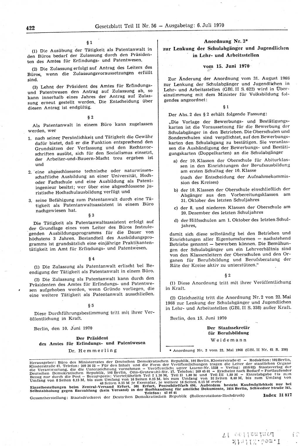 Gesetzblatt (GBl.) der Deutschen Demokratischen Republik (DDR) Teil ⅠⅠ 1970, Seite 422 (GBl. DDR ⅠⅠ 1970, S. 422)