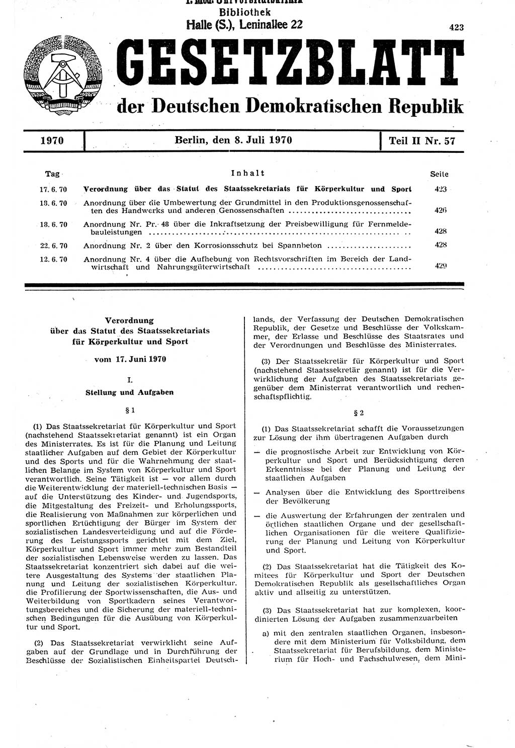 Gesetzblatt (GBl.) der Deutschen Demokratischen Republik (DDR) Teil ⅠⅠ 1970, Seite 423 (GBl. DDR ⅠⅠ 1970, S. 423)