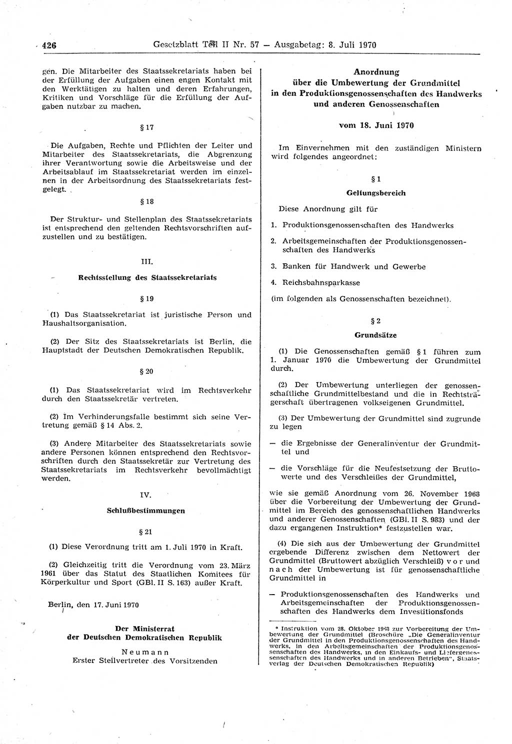 Gesetzblatt (GBl.) der Deutschen Demokratischen Republik (DDR) Teil ⅠⅠ 1970, Seite 426 (GBl. DDR ⅠⅠ 1970, S. 426)