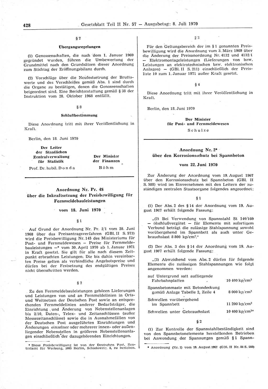 Gesetzblatt (GBl.) der Deutschen Demokratischen Republik (DDR) Teil ⅠⅠ 1970, Seite 428 (GBl. DDR ⅠⅠ 1970, S. 428)