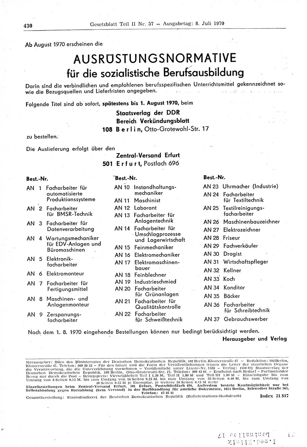Gesetzblatt (GBl.) der Deutschen Demokratischen Republik (DDR) Teil ⅠⅠ 1970, Seite 430 (GBl. DDR ⅠⅠ 1970, S. 430)