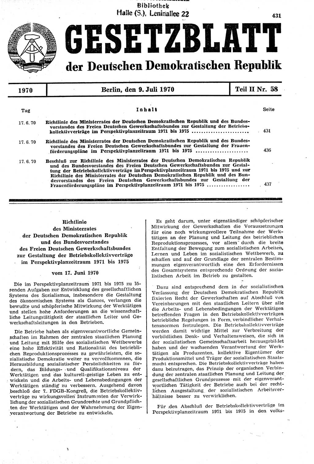 Gesetzblatt (GBl.) der Deutschen Demokratischen Republik (DDR) Teil ⅠⅠ 1970, Seite 431 (GBl. DDR ⅠⅠ 1970, S. 431)