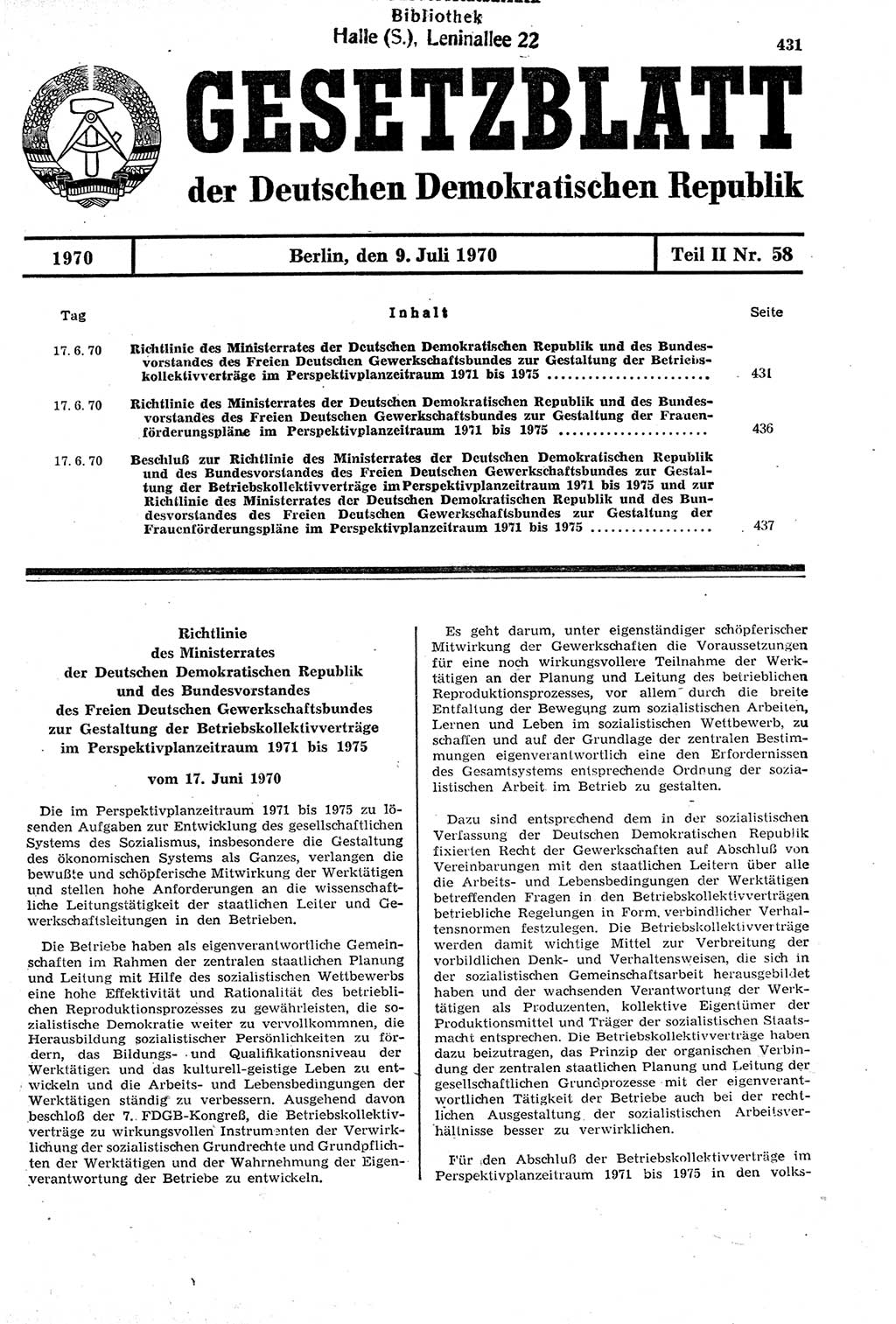 Gesetzblatt (GBl.) der Deutschen Demokratischen Republik (DDR) Teil ⅠⅠ 1970, Seite 431 (GBl. DDR ⅠⅠ 1970, S. 431)
