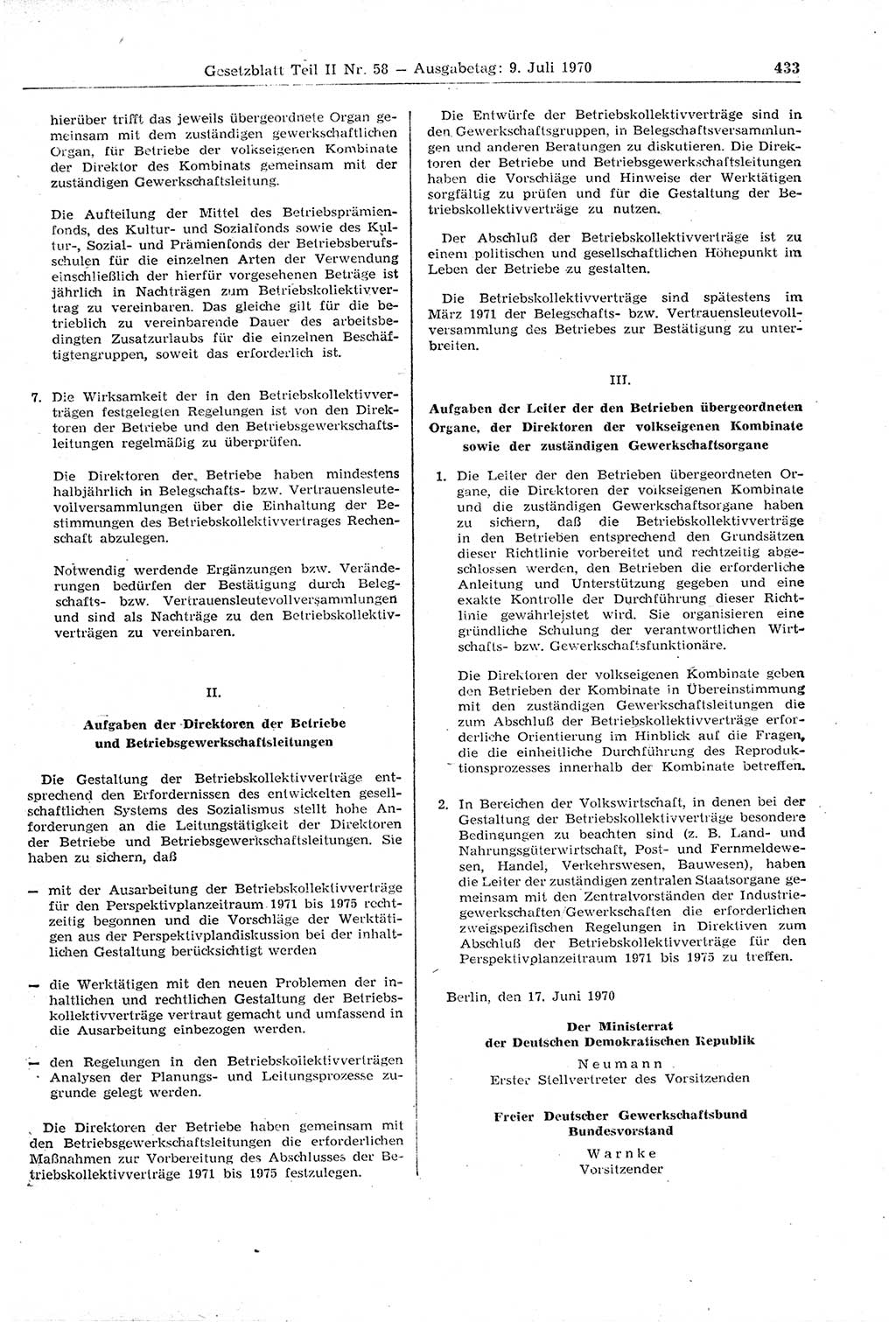 Gesetzblatt (GBl.) der Deutschen Demokratischen Republik (DDR) Teil ⅠⅠ 1970, Seite 433 (GBl. DDR ⅠⅠ 1970, S. 433)