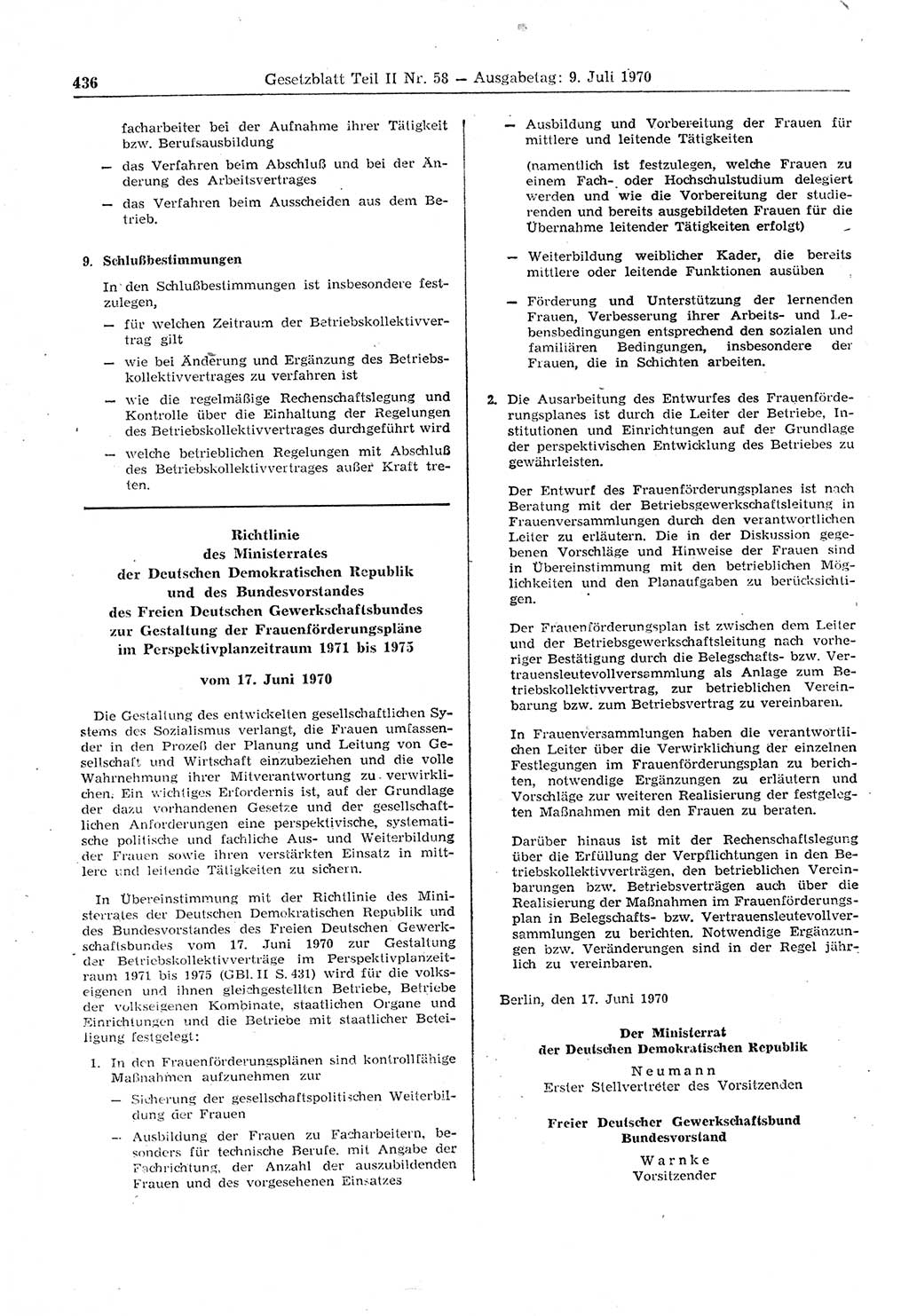 Gesetzblatt (GBl.) der Deutschen Demokratischen Republik (DDR) Teil ⅠⅠ 1970, Seite 436 (GBl. DDR ⅠⅠ 1970, S. 436)