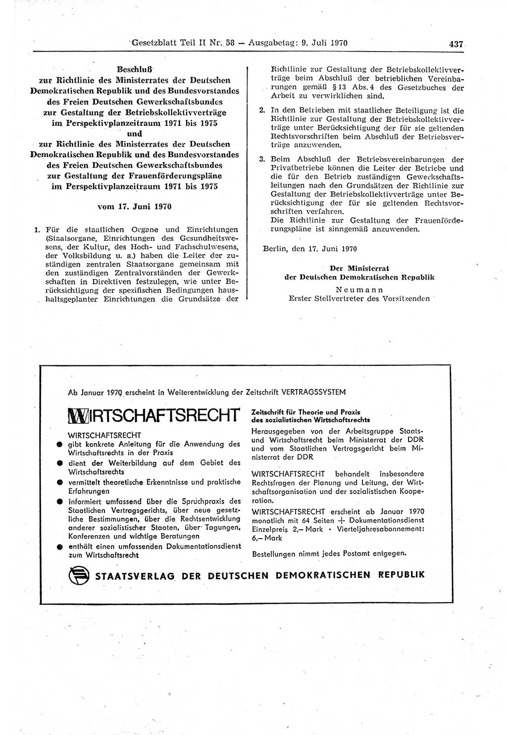 Gesetzblatt (GBl.) der Deutschen Demokratischen Republik (DDR) Teil ⅠⅠ 1970, Seite 437 (GBl. DDR ⅠⅠ 1970, S. 437)