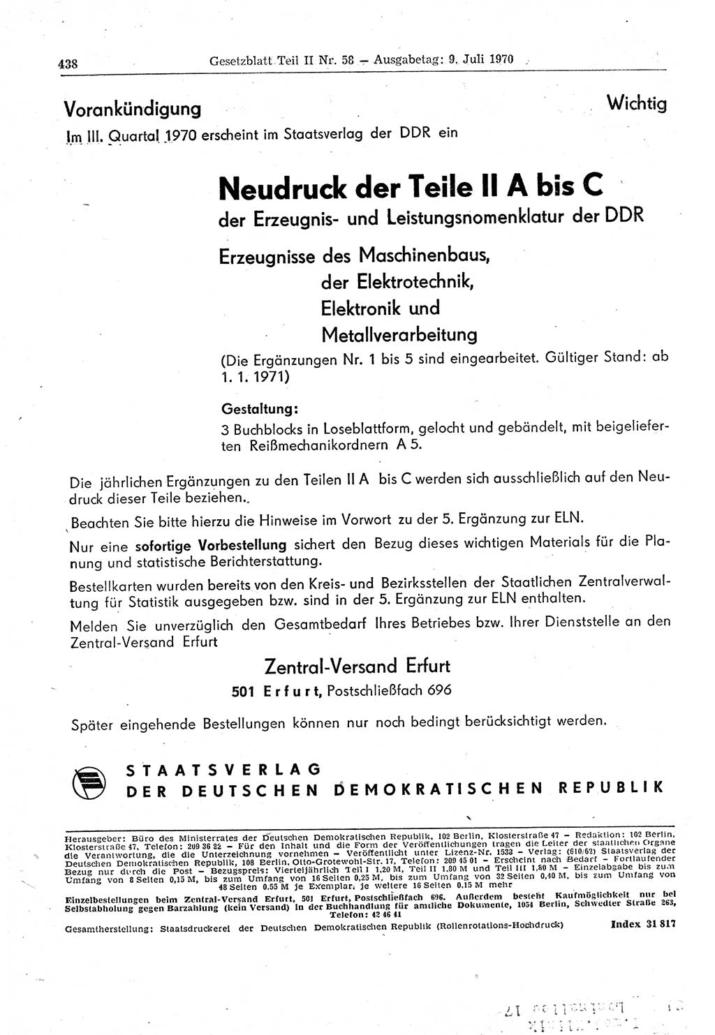 Gesetzblatt (GBl.) der Deutschen Demokratischen Republik (DDR) Teil ⅠⅠ 1970, Seite 438 (GBl. DDR ⅠⅠ 1970, S. 438)