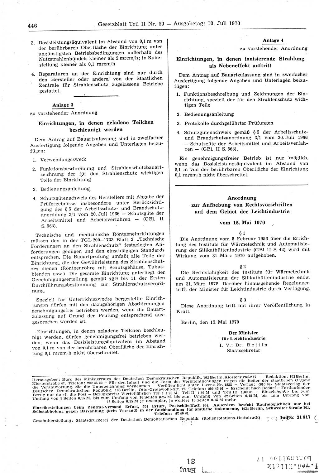 Gesetzblatt (GBl.) der Deutschen Demokratischen Republik (DDR) Teil ⅠⅠ 1970, Seite 446 (GBl. DDR ⅠⅠ 1970, S. 446)