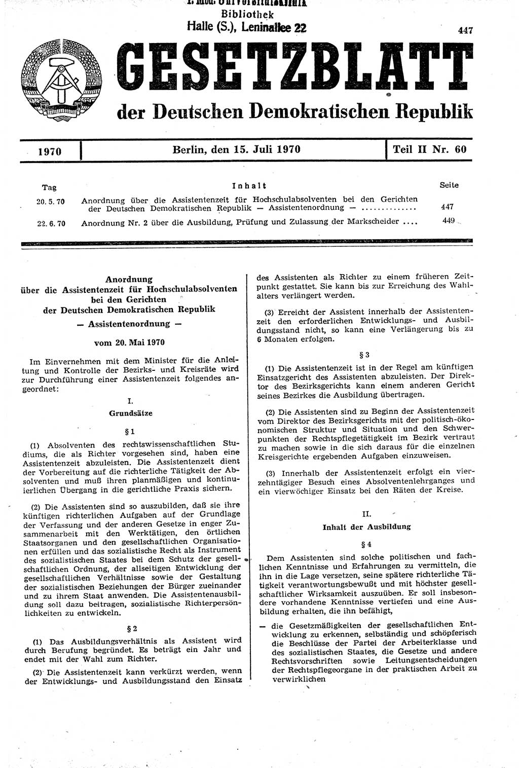 Gesetzblatt (GBl.) der Deutschen Demokratischen Republik (DDR) Teil ⅠⅠ 1970, Seite 447 (GBl. DDR ⅠⅠ 1970, S. 447)