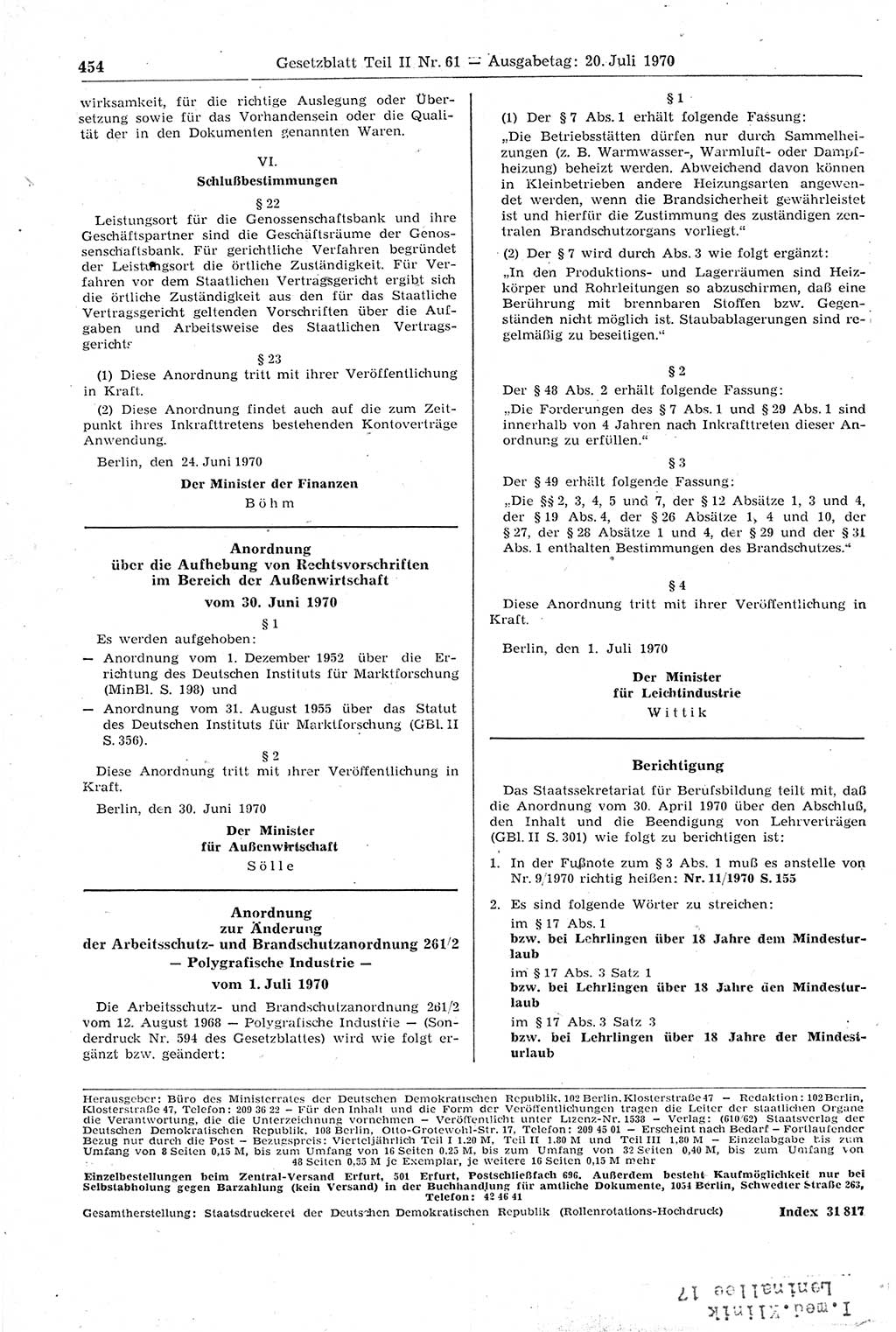 Gesetzblatt (GBl.) der Deutschen Demokratischen Republik (DDR) Teil ⅠⅠ 1970, Seite 454 (GBl. DDR ⅠⅠ 1970, S. 454)